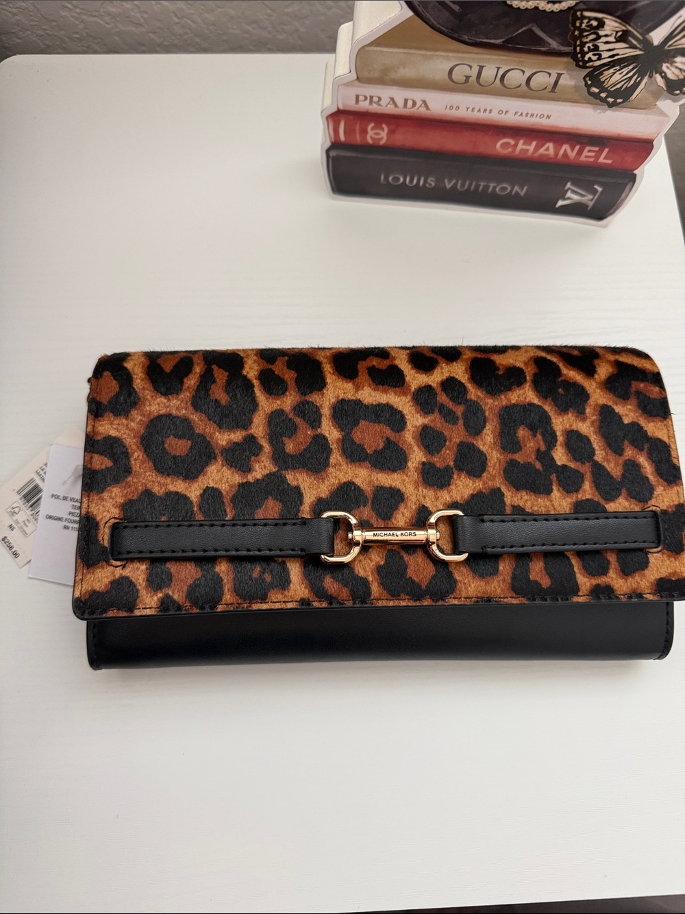 MICHAEL KORS Leopard Print Wristlet Clutch with Black Trim